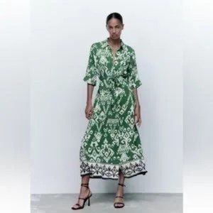 Zara Belted Printed Green Short Sleeves Button Front Midi Shirt Dress Size S